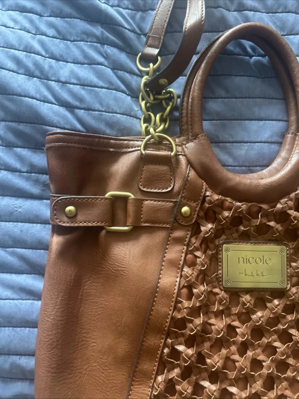 Nicole Miller Brown Woven‎ Front Tote with Gold Plaque